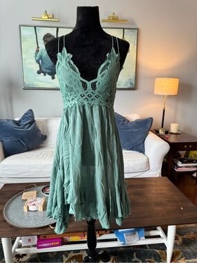 Free People Sage Green Lace Trim Slip Dress